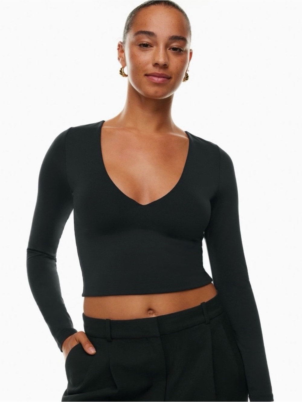 Aritzia Babaton Contour V-Neck Long Sleeve Top Black Size S